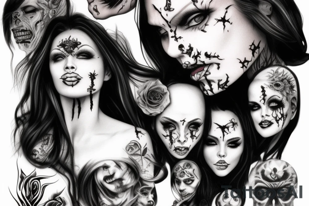 demonic woman’s face with smoke tattoo idea