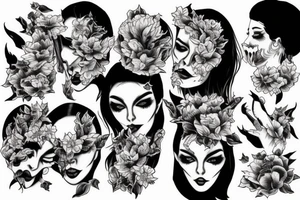 demonic woman’s face with smoke and cherry blossoms tattoo idea