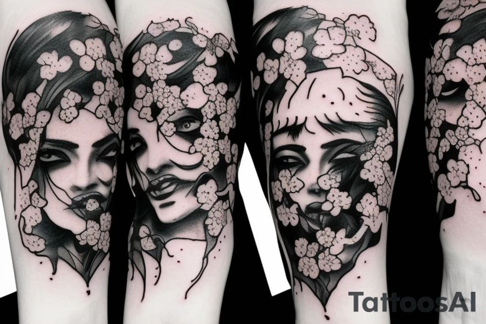 demonic woman’s face with smoke and cherry blossoms tattoo idea