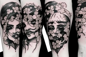 demonic woman’s face with smoke and cherry blossoms tattoo idea