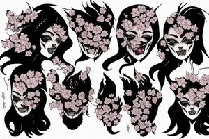 demonic woman’s face with smoke and cherry blossoms tattoo idea