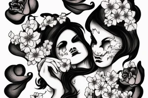 demonic woman’s face with smoke and cherry blossoms tattoo idea