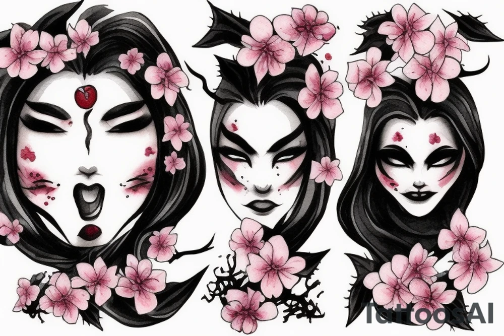 demonic woman’s face with smoke and cherry blossoms tattoo idea demonic woman’s face with smoke and cherry blossoms tattoo idea