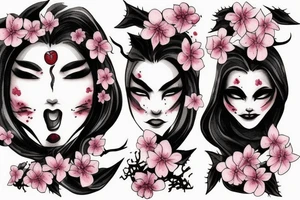 demonic woman’s face with smoke and cherry blossoms tattoo idea