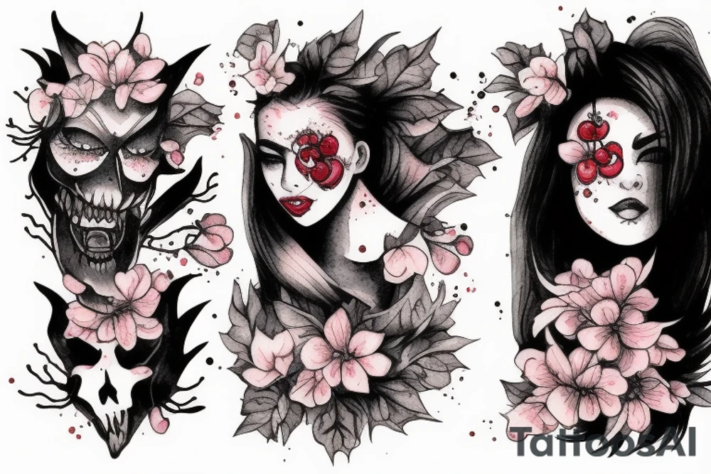 demonic woman’s face with smoke and cherry blossoms tattoo idea