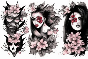 demonic woman’s face with smoke and cherry blossoms tattoo idea