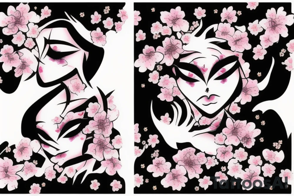 demonic woman’s face with smoke and cherry blossoms tattoo idea