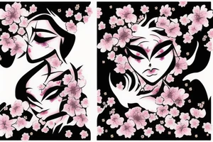 demonic woman’s face with smoke and cherry blossoms tattoo idea