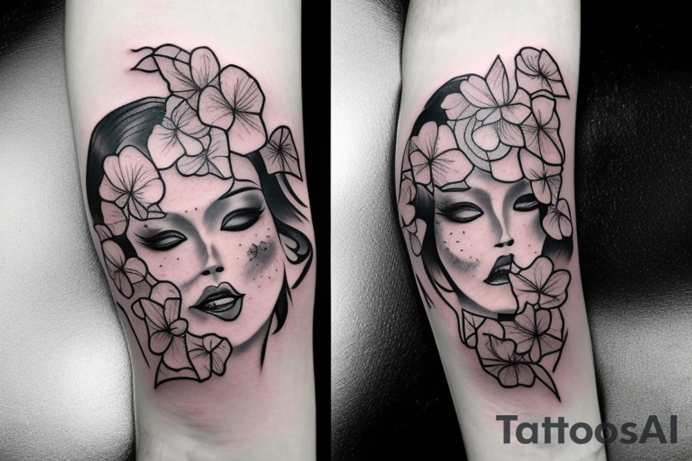 demonic woman’s face with smoke and cherry blossoms tattoo idea