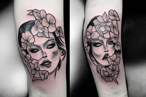demonic woman’s face with smoke and cherry blossoms tattoo idea