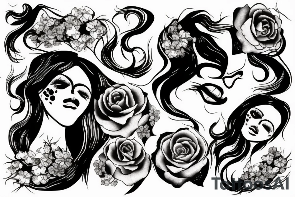 demonic woman’s face with smoke and cherry blossoms tattoo idea