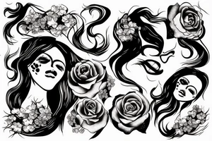 demonic woman’s face with smoke and cherry blossoms tattoo idea
