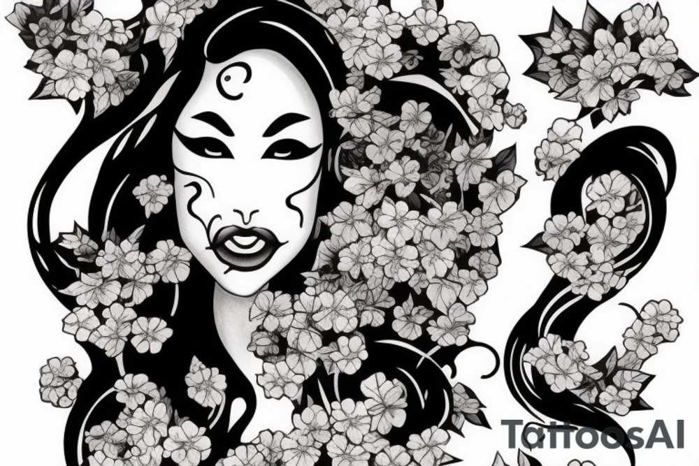 demonic woman’s face with smoke and cherry blossoms tattoo idea