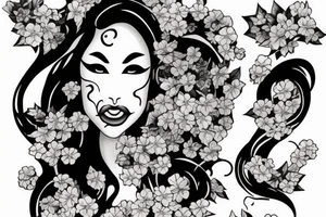 demonic woman’s face with smoke and cherry blossoms tattoo idea