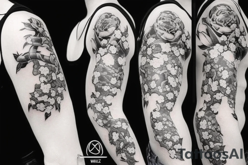 Snake and cherry blossom sleeve tattoo idea
