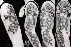 Snake and cherry blossom sleeve tattoo idea