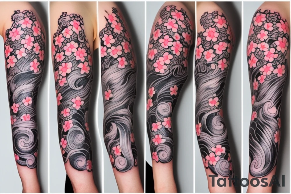 cherry blossom sleeve with waves and smoke tattoo idea