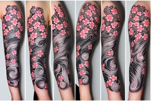 cherry blossom sleeve with waves and smoke tattoo idea