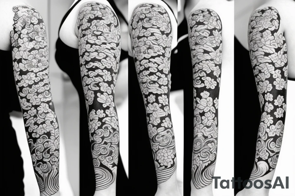 cherry blossom sleeve with waves and smoke tattoo idea