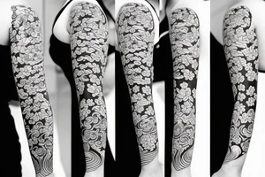 cherry blossom sleeve with waves and smoke tattoo idea