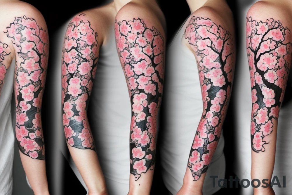 cherry blossom sleeve with waves and smoke tattoo idea