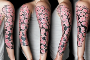 cherry blossom sleeve with waves and smoke tattoo idea