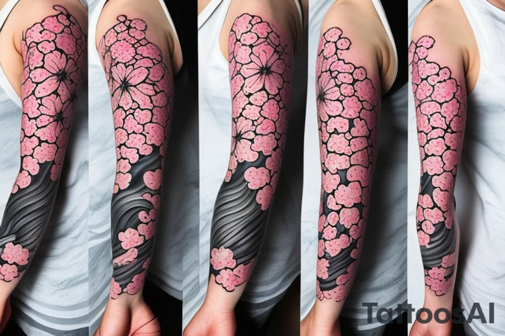 cherry blossom sleeve with waves and smoke tattoo idea