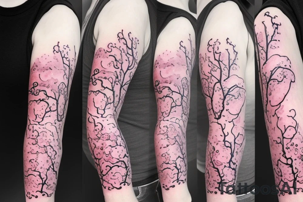 cherry blossom sleeve with waves and smoke tattoo idea