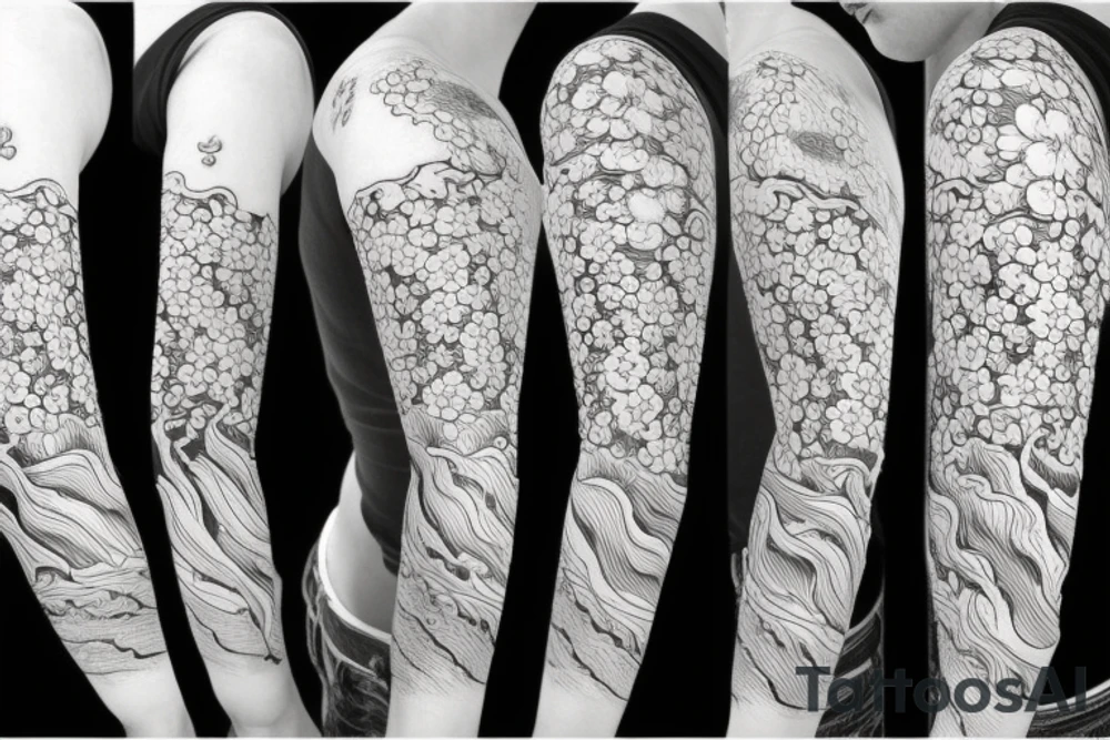 cherry blossom sleeve with waves and smoke tattoo idea