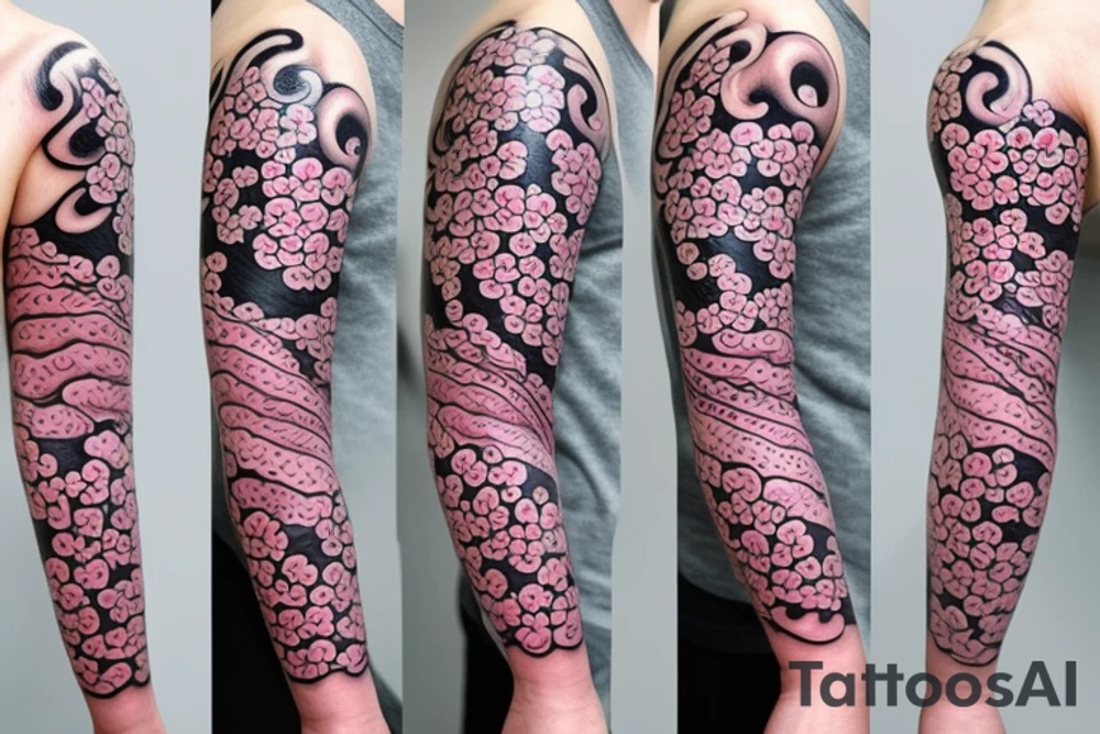 cherry blossom sleeve with waves and smoke tattoo idea