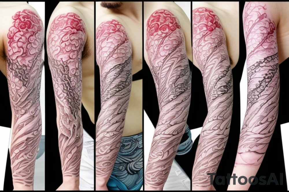 cherry blossom sleeve with waves and smoke tattoo idea