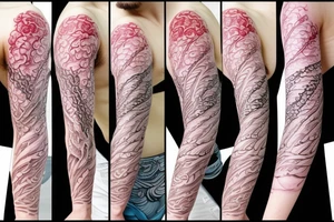 cherry blossom sleeve with waves and smoke tattoo idea