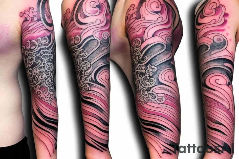 cherry blossom sleeve with waves and smoke tattoo idea