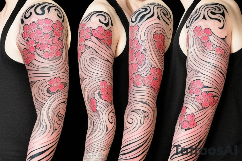 Japanese cherry blossom sleeve with waves and smoke anime style tattoo idea