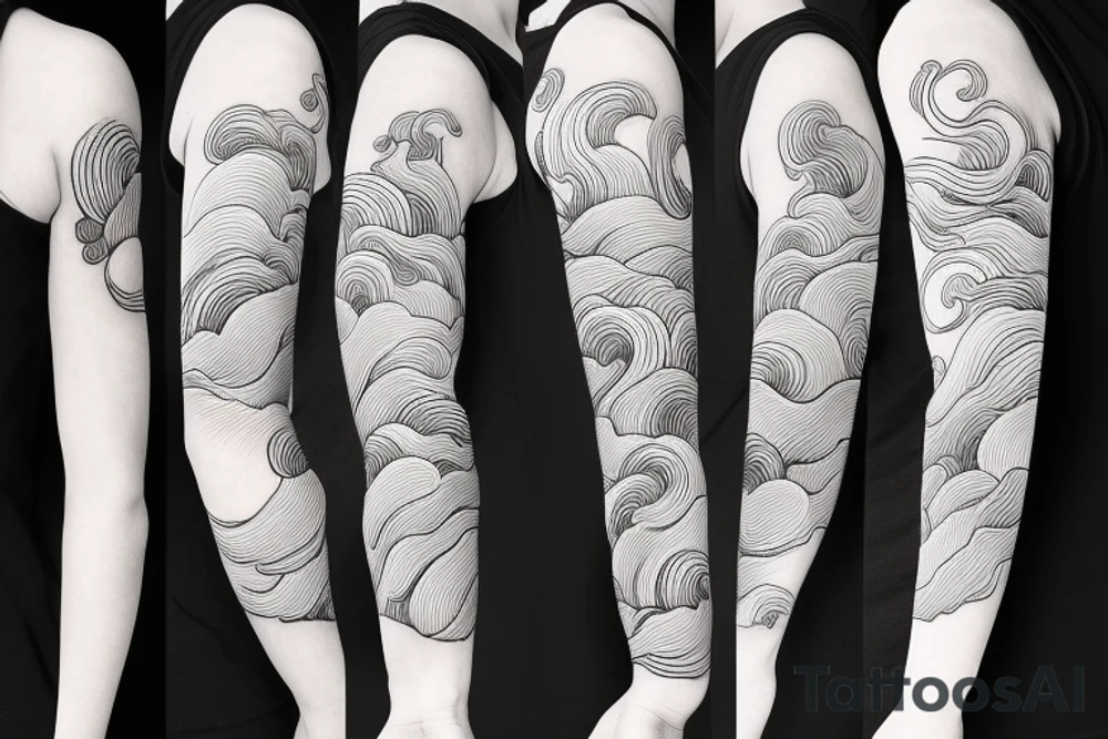 Japanese cherry blossom sleeve with waves and smoke anime style tattoo idea