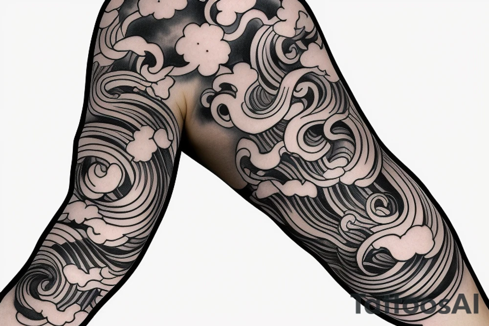 Japanese cherry blossom sleeve with waves and smoke anime style tattoo idea