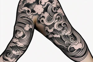 Japanese cherry blossom sleeve with waves and smoke anime style tattoo idea