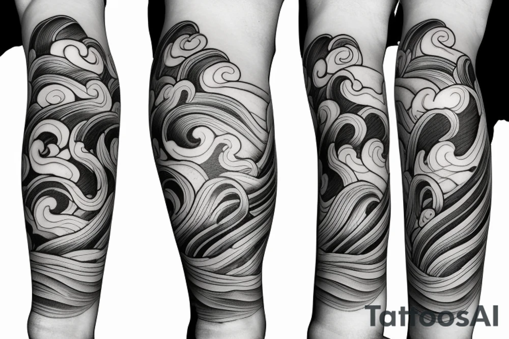 Japanese cherry blossom sleeve with waves and smoke anime style tattoo idea