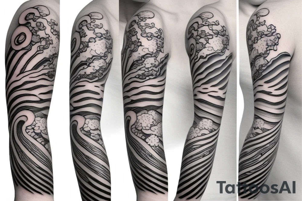 Japanese cherry blossom sleeve with waves and smoke anime style tattoo idea