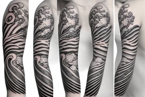 Japanese cherry blossom sleeve with waves and smoke anime style tattoo idea