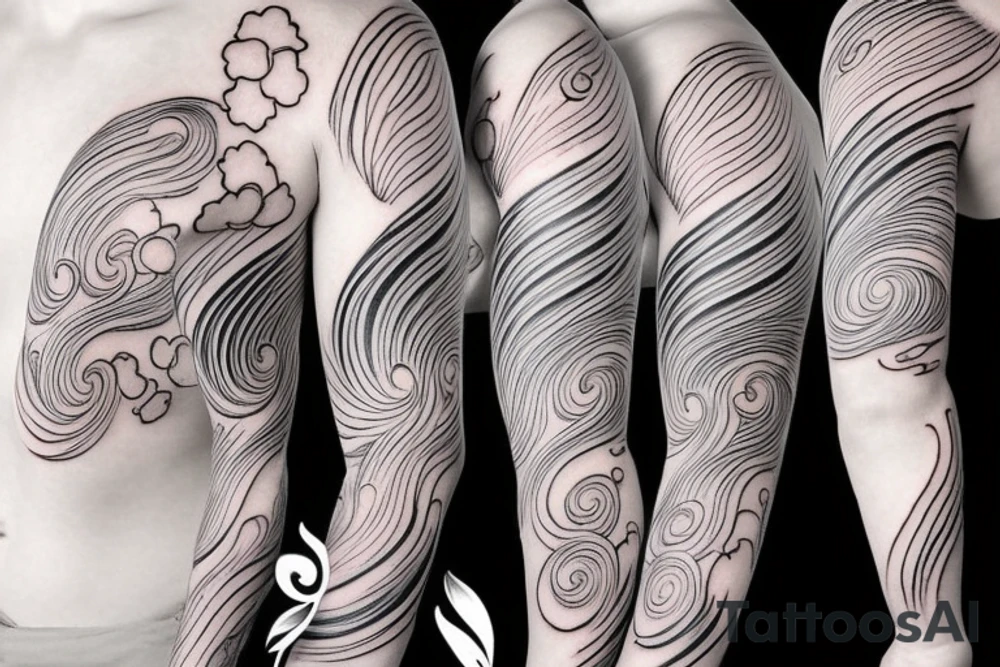 Japanese cherry blossom sleeve with waves and smoke anime style tattoo idea