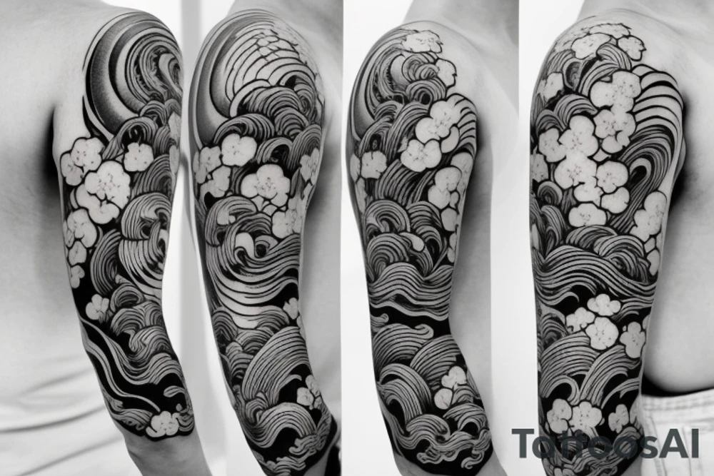 Japanese cherry blossom sleeve with waves and smoke anime style tattoo idea