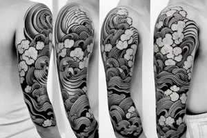Japanese cherry blossom sleeve with waves and smoke anime style tattoo idea