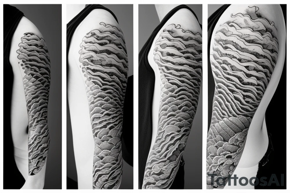 Japanese cherry blossom sleeve with waves and smoke anime style tattoo idea