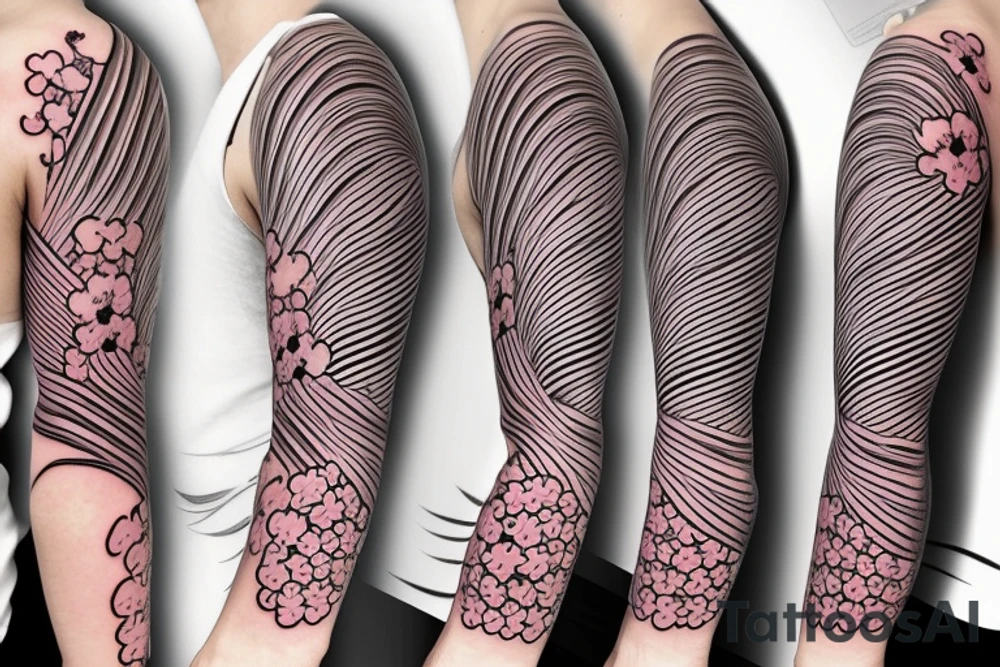 Japanese cherry blossom sleeve with waves and smoke anime style tattoo idea