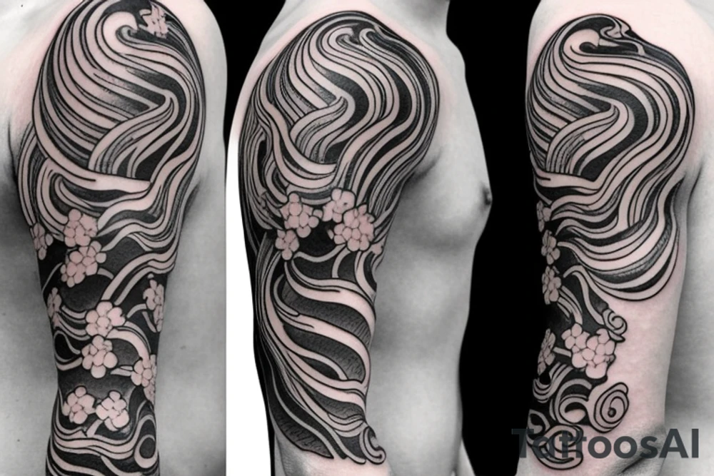 Japanese cherry blossom sleeve with waves and smoke anime style tattoo idea