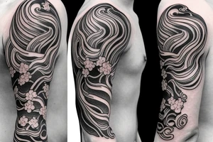 Japanese cherry blossom sleeve with waves and smoke anime style tattoo idea