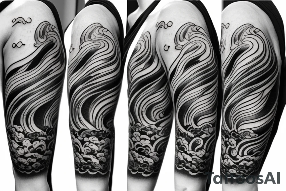 Japanese cherry blossom sleeve with waves and smoke anime style tattoo idea