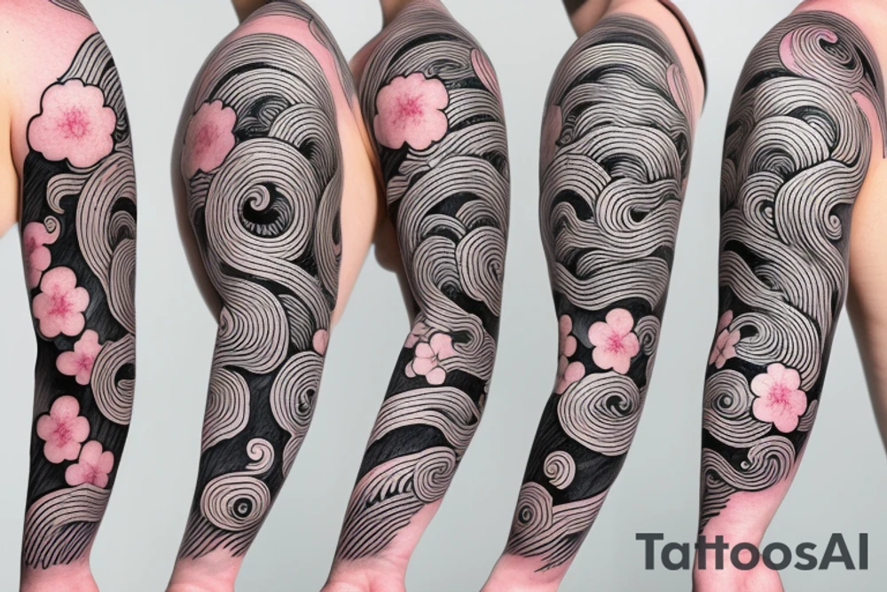 Japanese cherry blossom sleeve with waves and smoke anime style tattoo idea