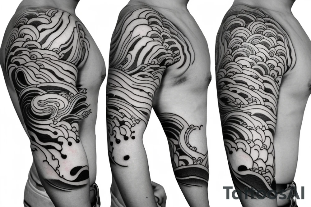 Japanese cherry blossom sleeve with waves and smoke anime style tattoo idea